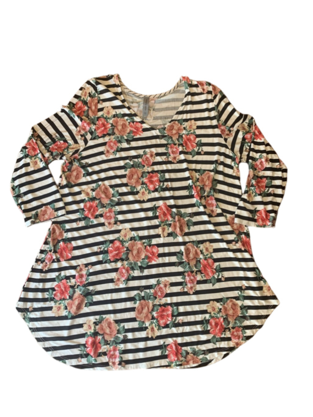 Honeyme Curvy Tunic Top Large Black White Stripe w/ Floral